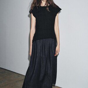 NWT SIZE L ZW COLLECTION COMBINATION MIDI DRESS BLUE BLACK 4437/252/407 ZARA